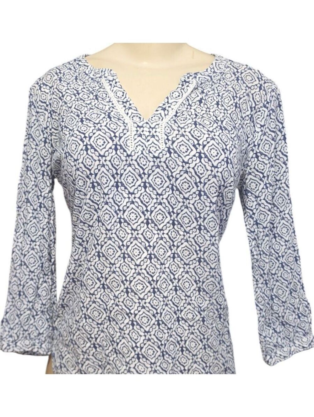 Talbots Blue White Cotton Tunic Blouse Geometric Print 3/4 Sleeve Small